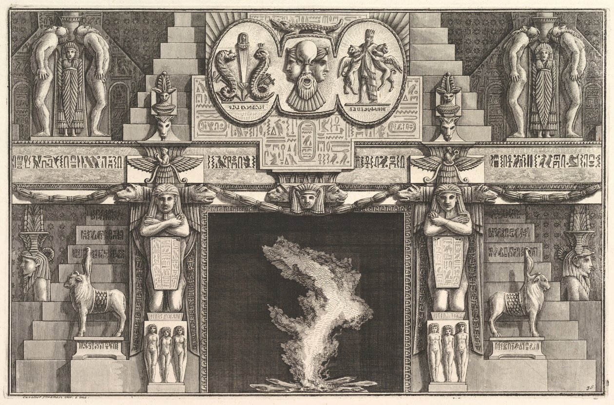 Komín v egyptském stylu: Skupiny tří ženských aktů na patě každého j..., ca. 1769. od Giovanni Battista Piranesi
