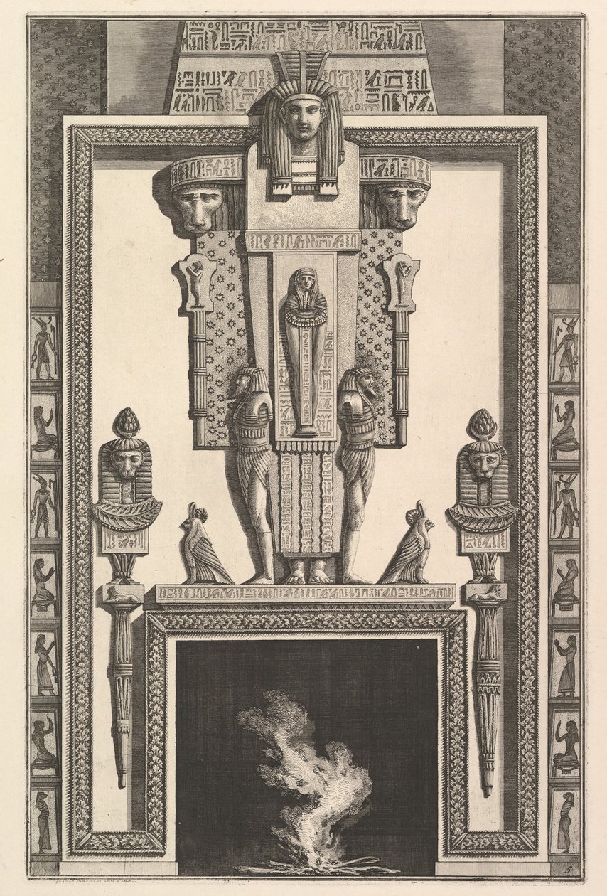 Komín v egyptském stylu: Mumie položená na velké karyatidě nad linte..., 1769. od Giovanni Battista Piranesi