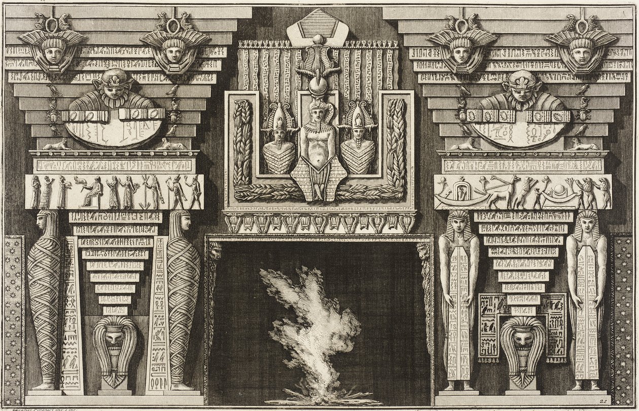 Krb v egyptském stylu: dvě mumie z profilu vlevo a dvě postavy nesoucí obelisky vpravo. od Giovanni Battista Piranesi