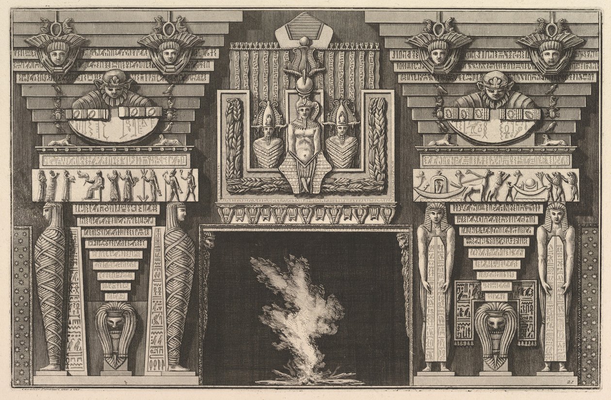 Komín v egyptském stylu: Dvě mumie z profilu vlevo a dvě postavy..., ca. 1769. od Giovanni Battista Piranesi