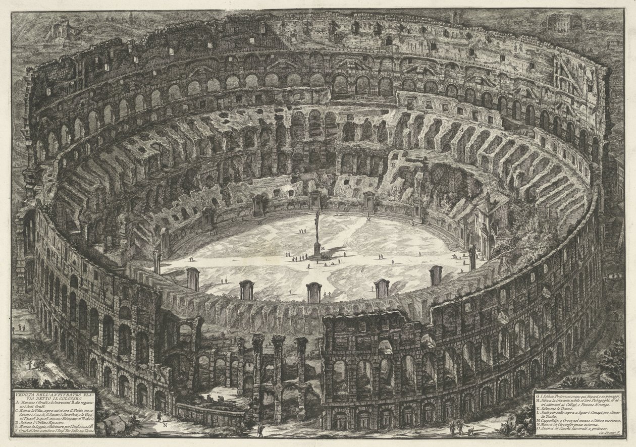 Koloseum v Římě Pohled na Flaviův amfiteátr známý jako Koloseum (název na objektu) Gezichten op Rome (název série) Pohledy na Řím navržený a vyrytý architektem Giambattista Piranesi Ve (nez) iano (název série) od Giovanni Battista Piranesi