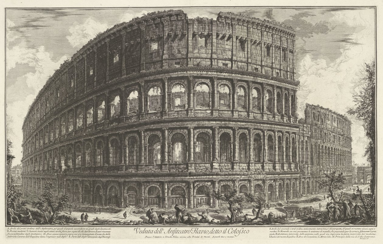 Koloseum v Římě Pohled na Flaviův amfiteátr, známý jako Koloseum (název na objektu) Gezichten op Rome (název série) Pohledy na Řím navržený a vyrytý architektem Giambattista Piranesi Ve (nez) iano (název série) od Giovanni Battista Piranesi
