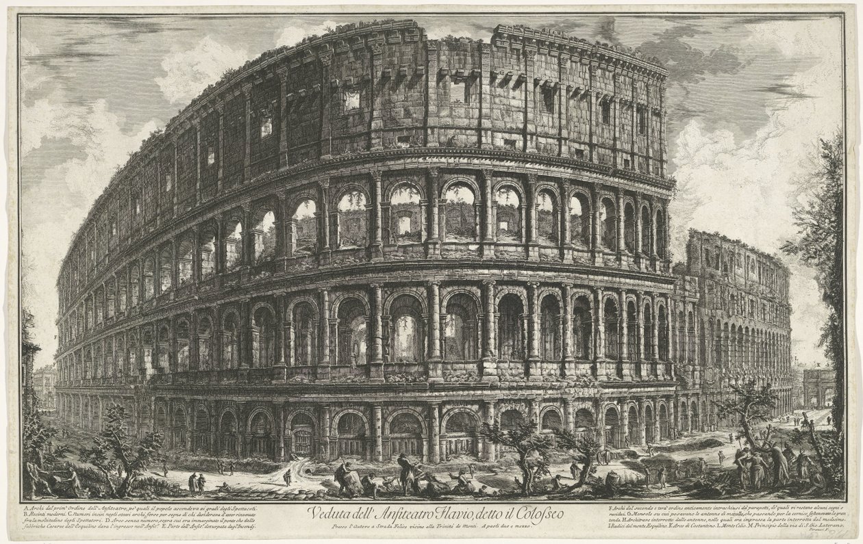 Koloseum v Římě Pohled na Flaviův amfiteátr, známý jako Koloseum (název na objektu) Gezichten op Rome (název série) Pohledy na Řím navržený a vyrytý architektem Giambattista Piranesi Ve (nez) iano (název série) od Giovanni Battista Piranesi