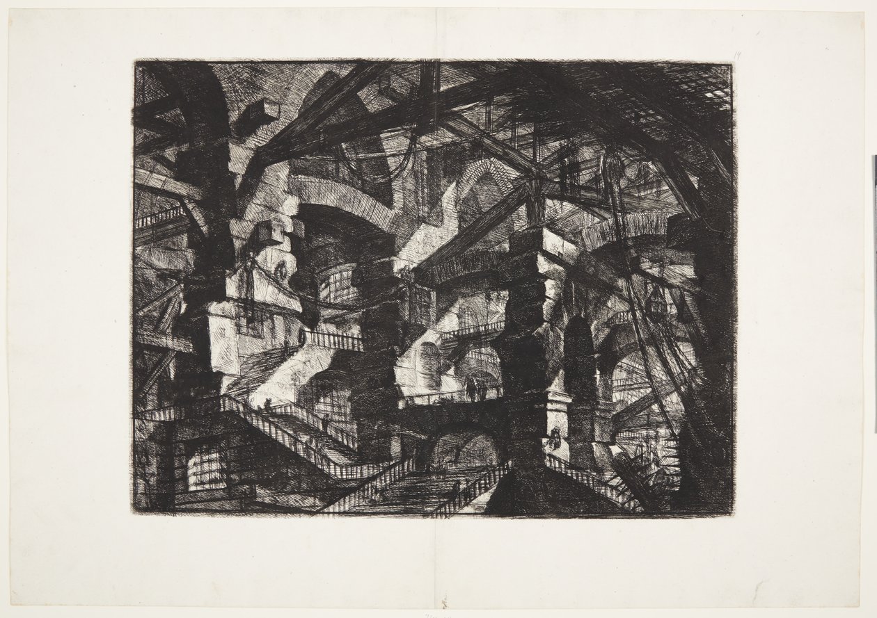 Složité skupiny vzájemně propojených zničených oblouků podpírajících trámy a lana od Giovanni Battista Piranesi