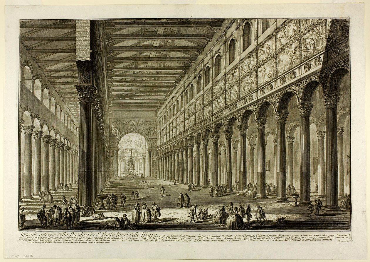 Výřez do interiéru baziliky S. Paolo fuori delle Mura [St. Pavla za hradbami], z Pohledů na Řím od Giovanni Battista Piranesi