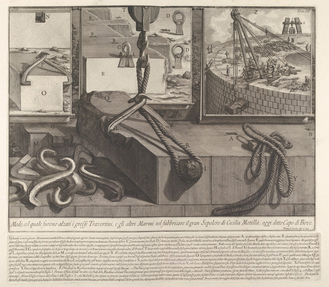 Demonstrační panel ukazující techniku zvedání travertinových a mramorových bloků pro kon..., 1756. od Giovanni Battista Piranesi