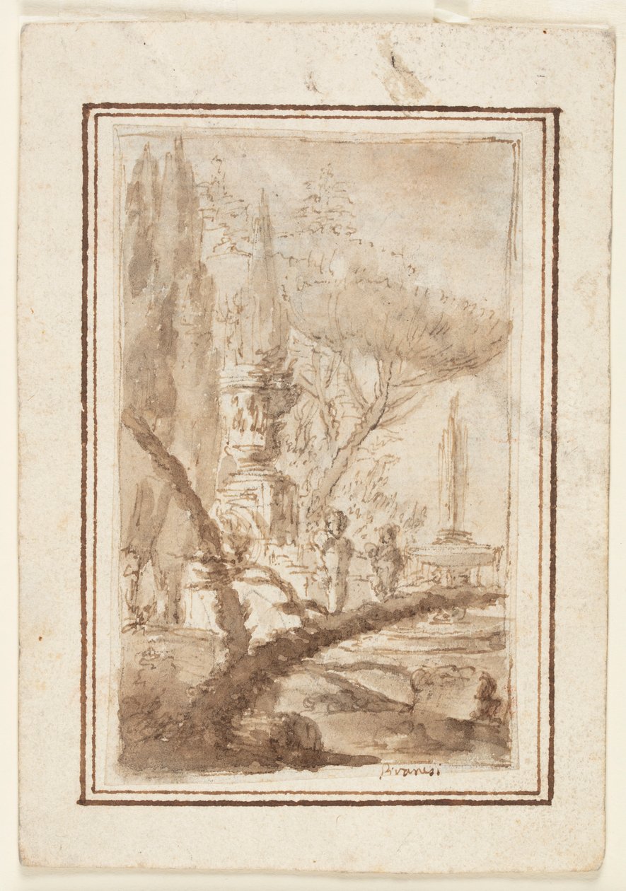 Fantazie zahrady s monumentální urnou, sochami a fontánou od Giovanni Battista Piranesi