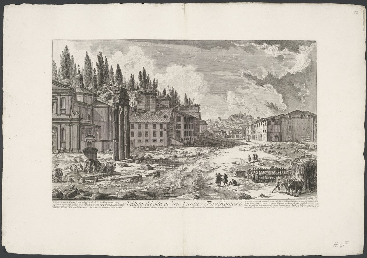 Forum Romanum se setkalo s Tempel van Jupiter Stator te Rome Pohled na místo, kde bylo starověké římské fórum (název na objektu) Gezichten op Rome (název série) Pohledy na Řím navržený a vyrytý architektem Giambattista Piranesi Ve (nez) iano (název série) od Giovanni Battista Piranesi