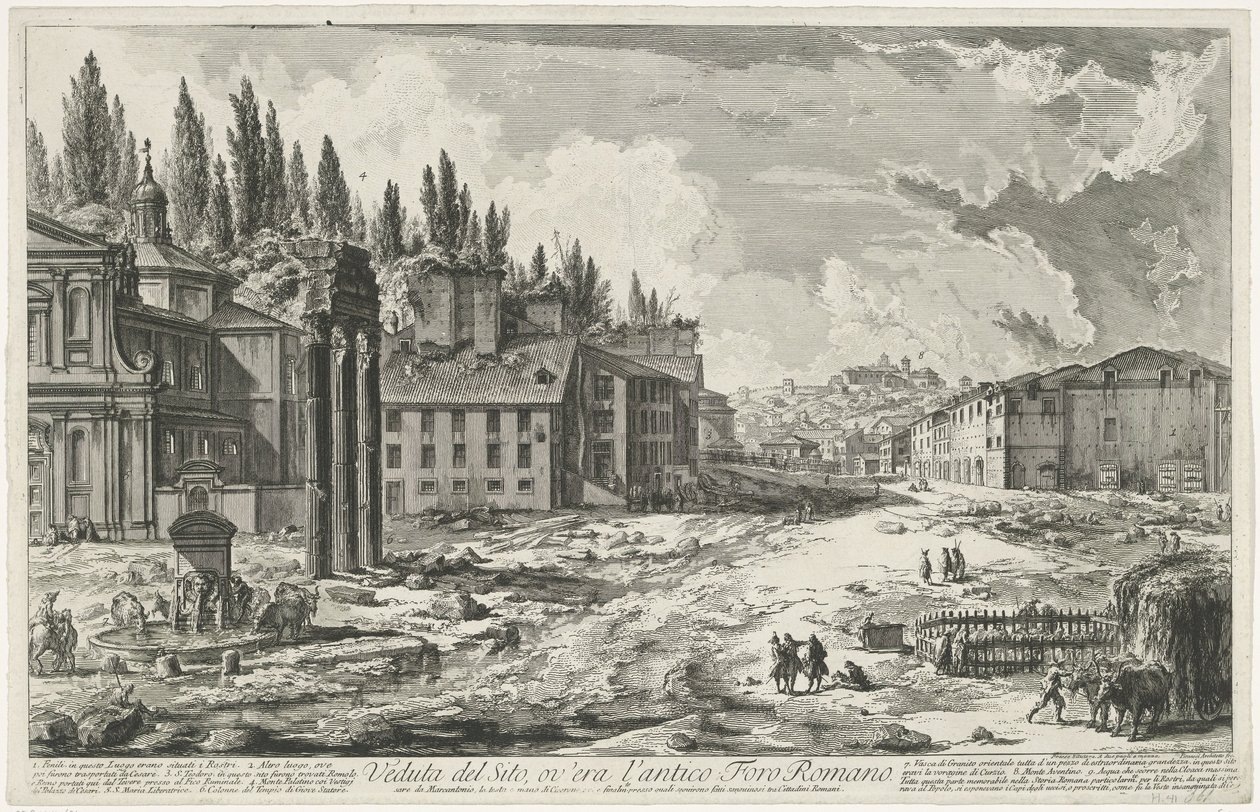 Forum Romanum se setkalo s Tempel van Jupiter Stator te Rome Pohled na místo, kde bylo starověké římské fórum (název na objektu) Gezichten op Rome (název série) Pohledy na Řím navržený a vyrytý architektem Giambattista Piranesi Ve (nez) iano (název série) od Giovanni Battista Piranesi