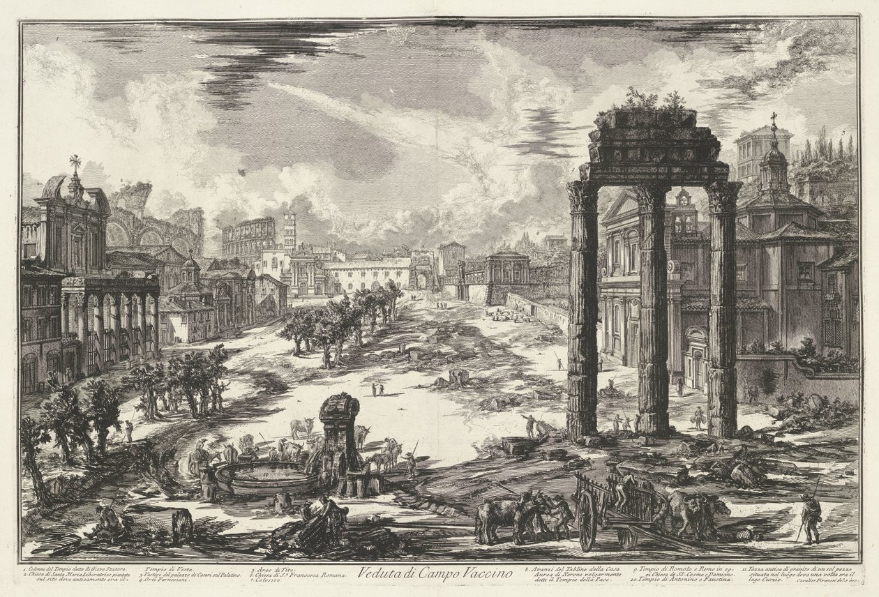 Forum Romanum te Rome Pohled na Campo Vaccino (název na objektu) Gezichten op Rome (název série) Pohledy na Řím navržený a vyrytý architektem Giambattista Piranesi Ve (nez) iano (název série) od Giovanni Battista Piranesi