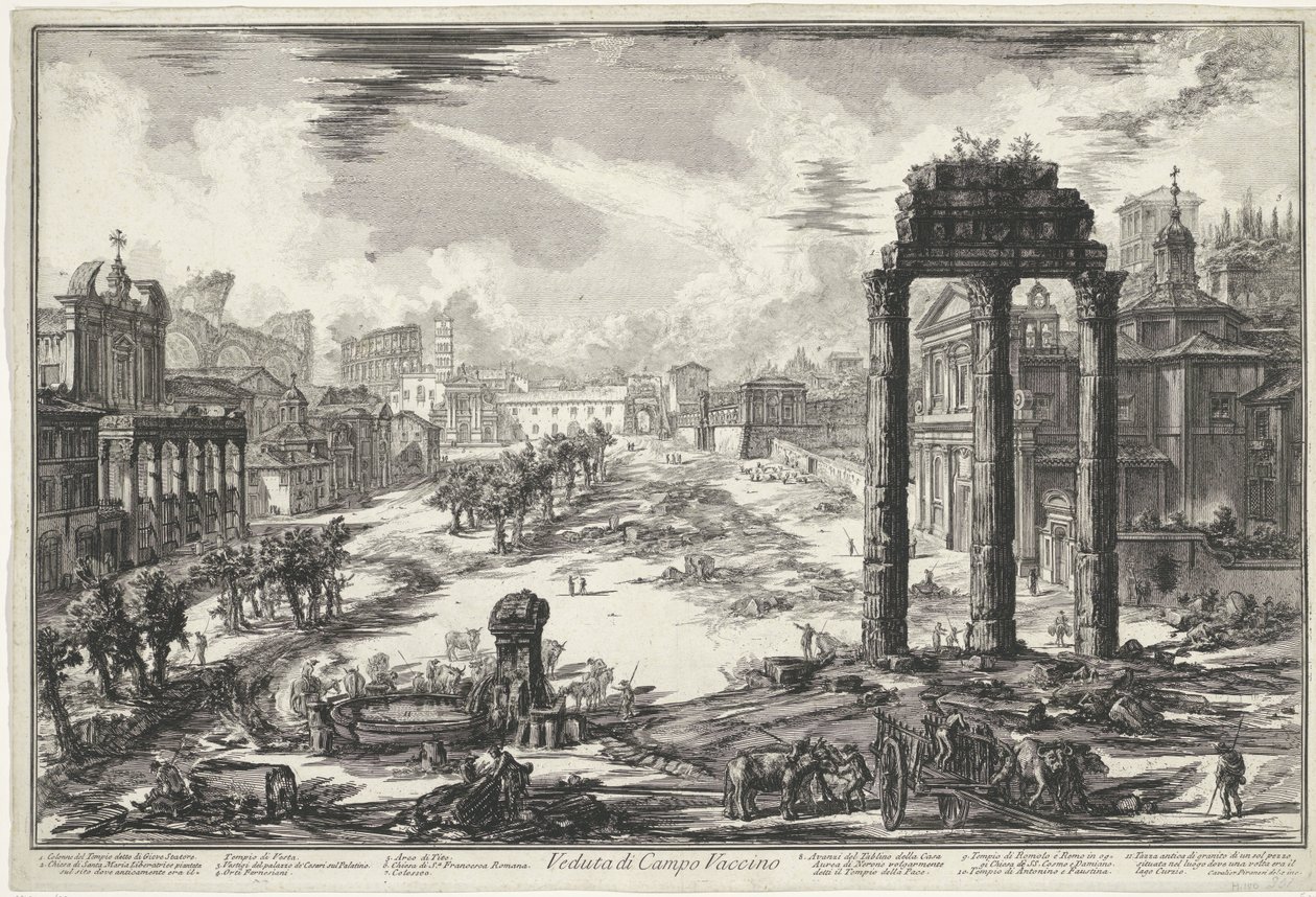 Forum Romanum te Rome Pohled na Campo Vaccino (název na objektu) Gezichten op Rome (název série) Pohledy na Řím navržený a vyrytý architektem Giambattista Piranesi Ve (nez) iano (název série) od Giovanni Battista Piranesi