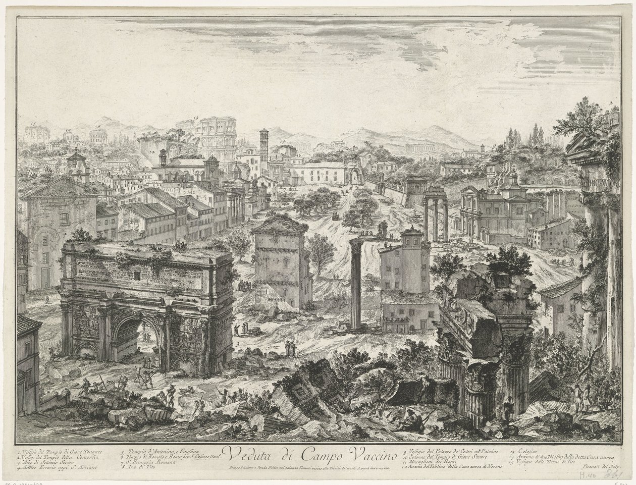 Forum Romanum te Rome Pohled na Campo Vaccino (název na objektu) Gezichten op Rome (název série) Pohledy na Řím navržený a vyrytý architektem Giambattista Piranesi Ve (nez) iano (název série) od Giovanni Battista Piranesi