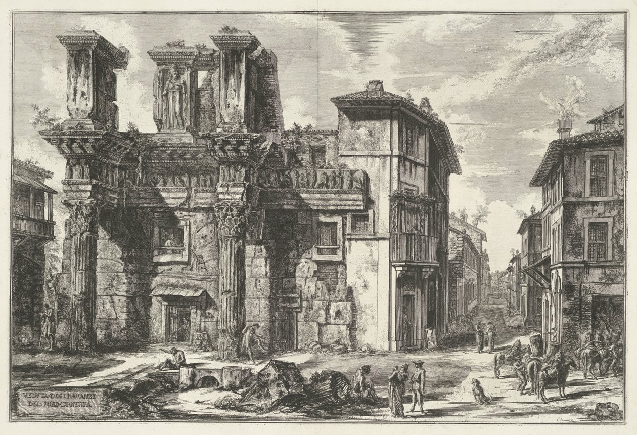 Forum van Nerva te Rome Pohled na zbytky fóra Nerva (název na objektu) Gezichten op Rome (název série) Pohledy na Řím navržený a vyrytý architektem Giambattista Piranesi Ve (nez) iano (název série) od Giovanni Battista Piranesi