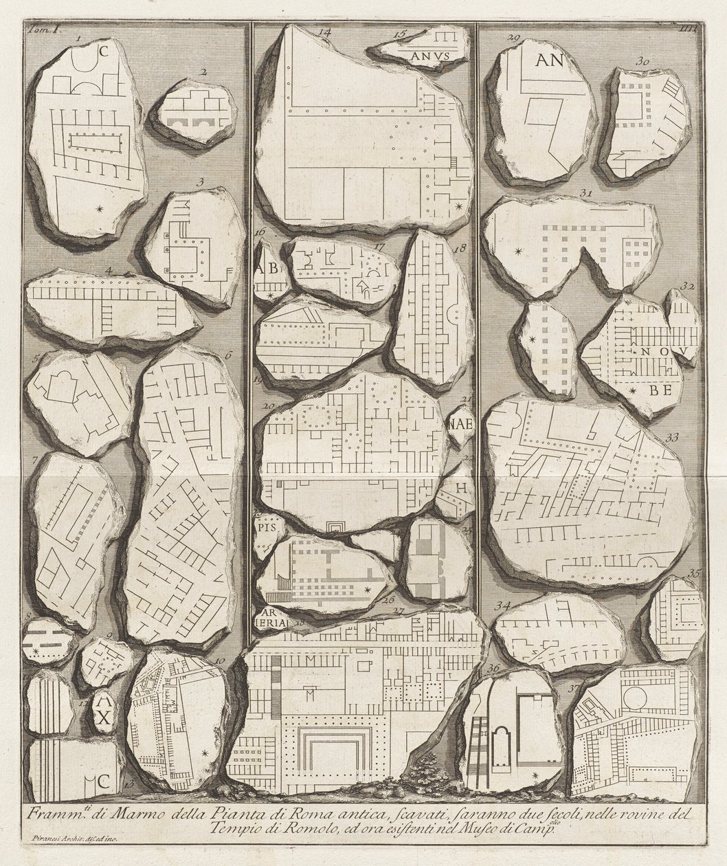 Fragmenty mramoru z plánu starověkého Říma od Giovanni Battista Piranesi