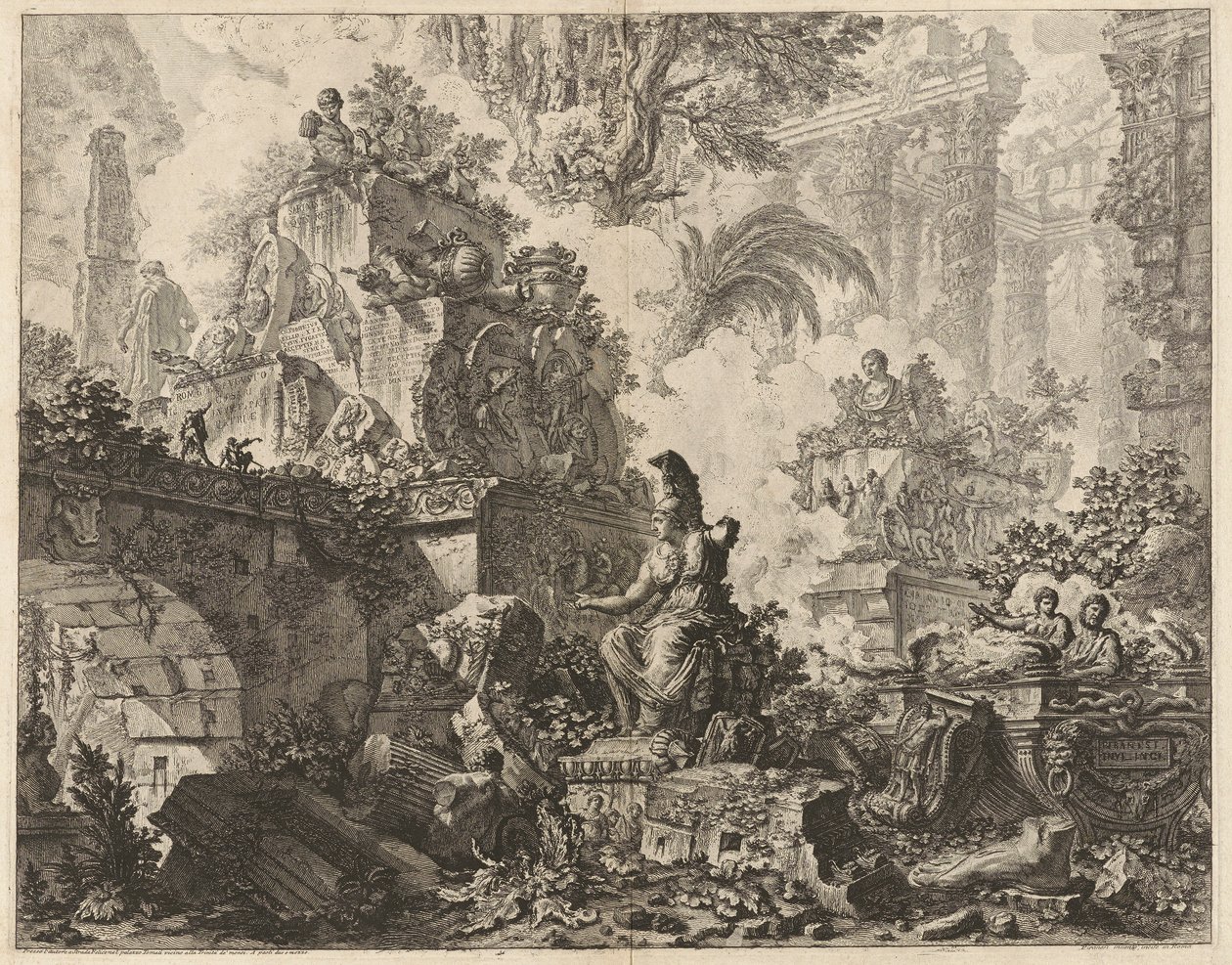 Frontispiece, Fantasy of Ruins se sochou Minervy v popředí uprostřed, z Vedute di Roma (Pohledy na Řím) od Giovanni Battista Piranesi