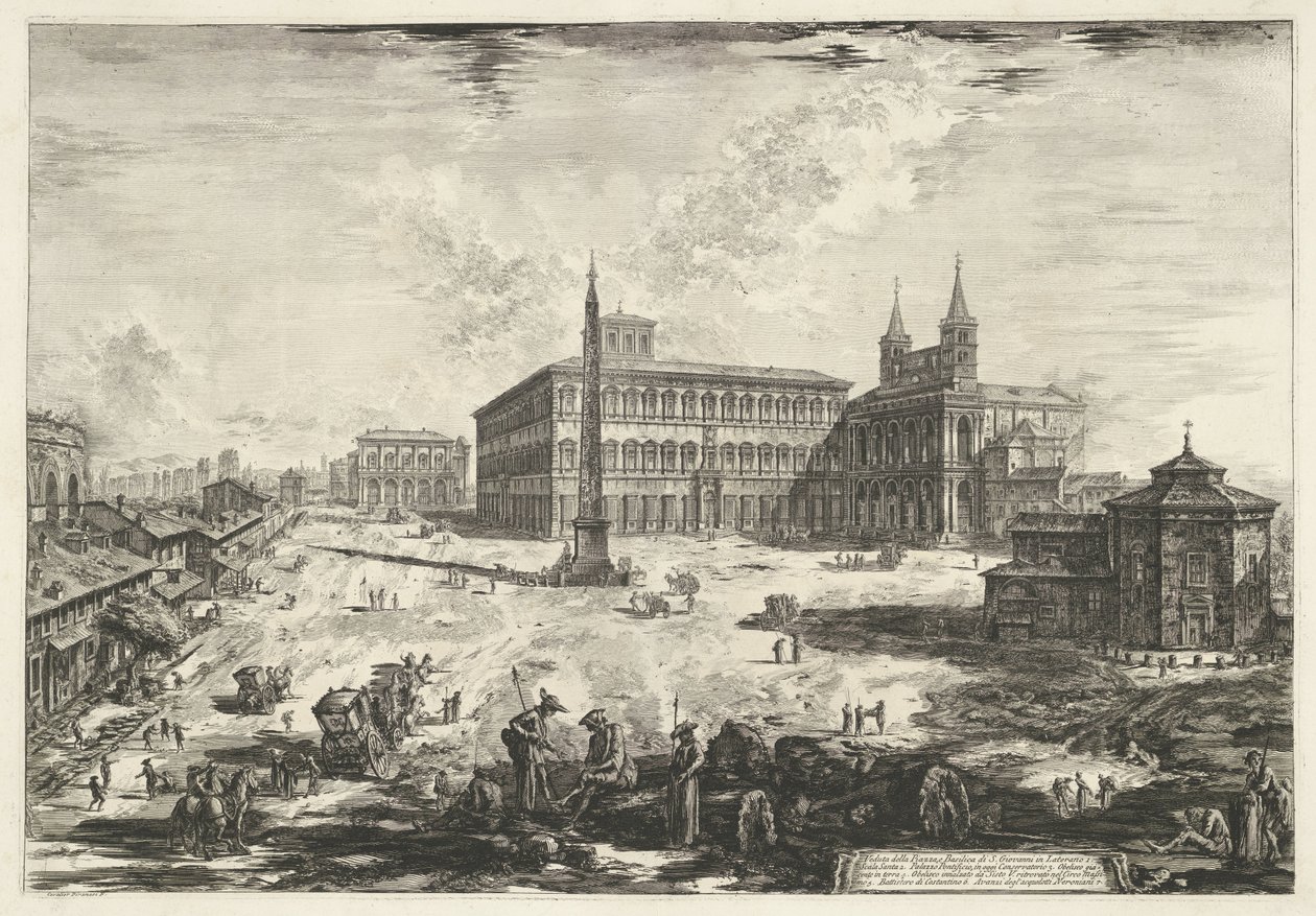 Gezicht op het Lateraan te Rome se setkal s de Sint-Jan van Lateranen Pohled na náměstí Piazza a bazilika S. Giovanni in Laterano (název na objektu) Gezichten op Rome (název série) Pohledy na Řím navrhl a vyryl Giambattista Piranesi architekt Ve (nez) ian od Giovanni Battista Piranesi