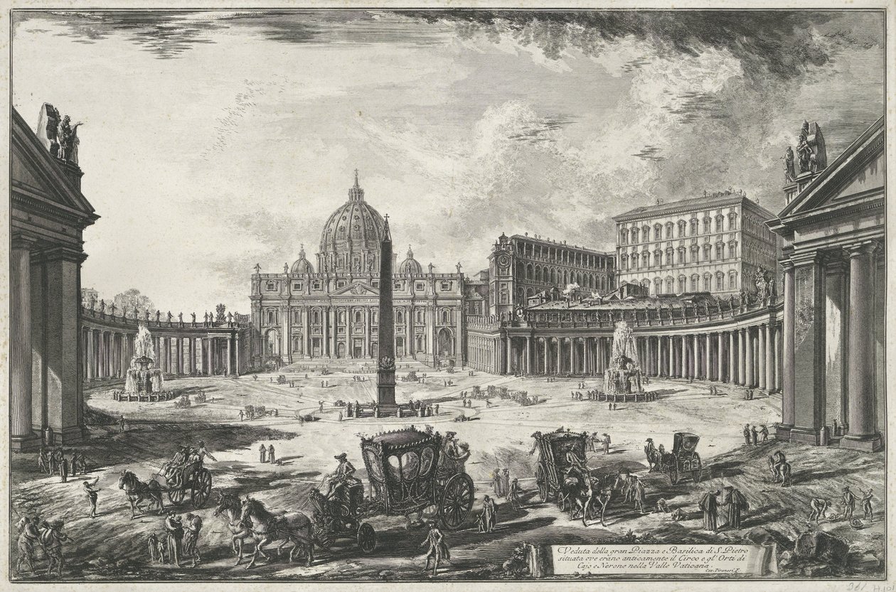 Pohled na náměstí svatého Petra s bazilikou svatého Petra ve Vatikánu Veduta della gran Piazza e Basilica di S. Pietr (...) (název na předmětu) Pohledy na Řím (název série) Vedute di Roma disegnate ed incise da Giambattista Piranesi architetto od Giovanni Battista Piranesi