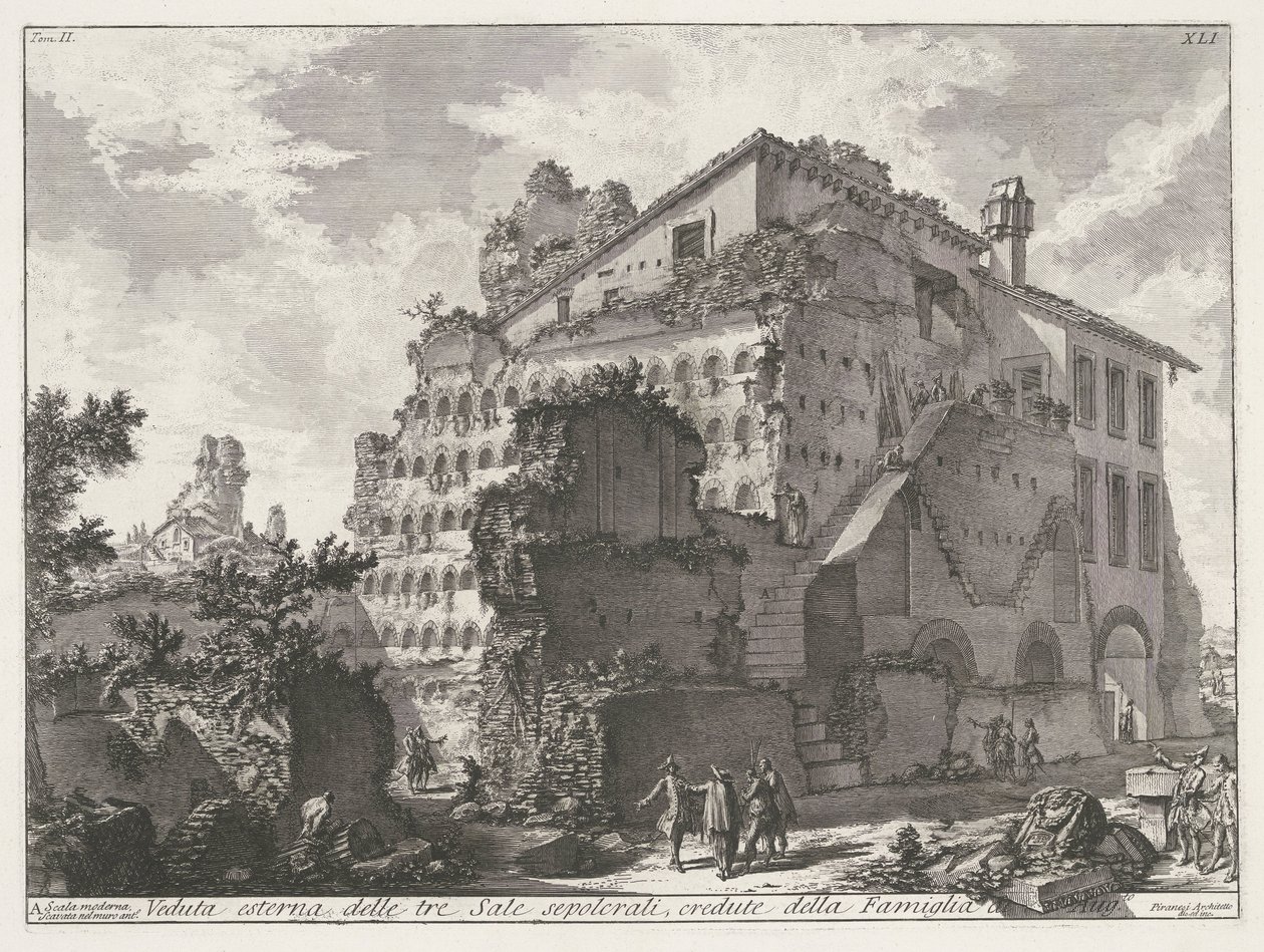 Graftombe van familie van keizer Augustus Vnější pohled na tři hrobové místnosti, o kterých se předpokládá, že patří rodině Aug.to (název na objektu) Archeologische vondsten in en rond Rome (název série) Římské starožitnosti (název série) od Giovanni Battista Piranesi