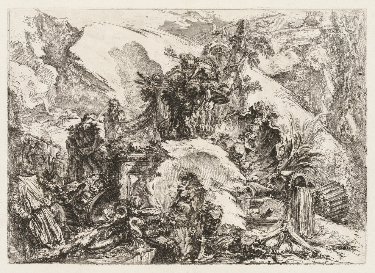 Groteschi: Ruiny s hlavou smrti a kostrou. od Giovanni Battista Piranesi