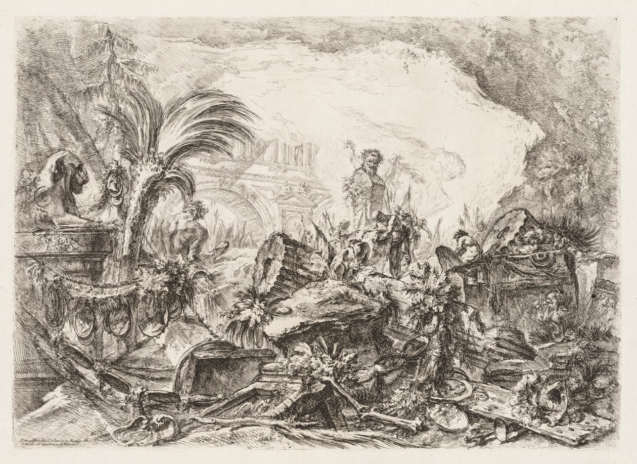 Groteschi: Ruiny se sochou fauna a spadlým sloupem od Giovanni Battista Piranesi
