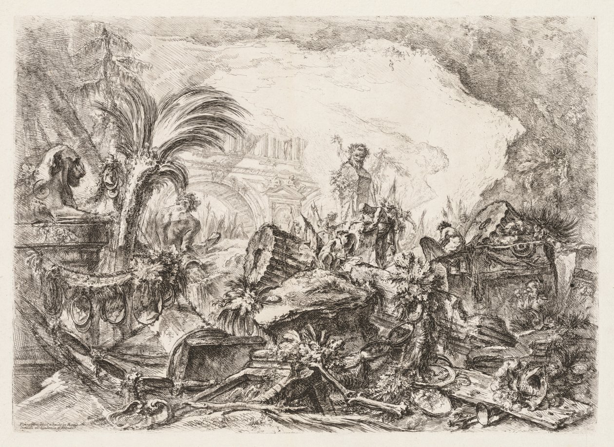 Groteschi: Ruiny se sochou fauna a padlým sloupem, ca. 1745-50. od Giovanni Battista Piranesi
