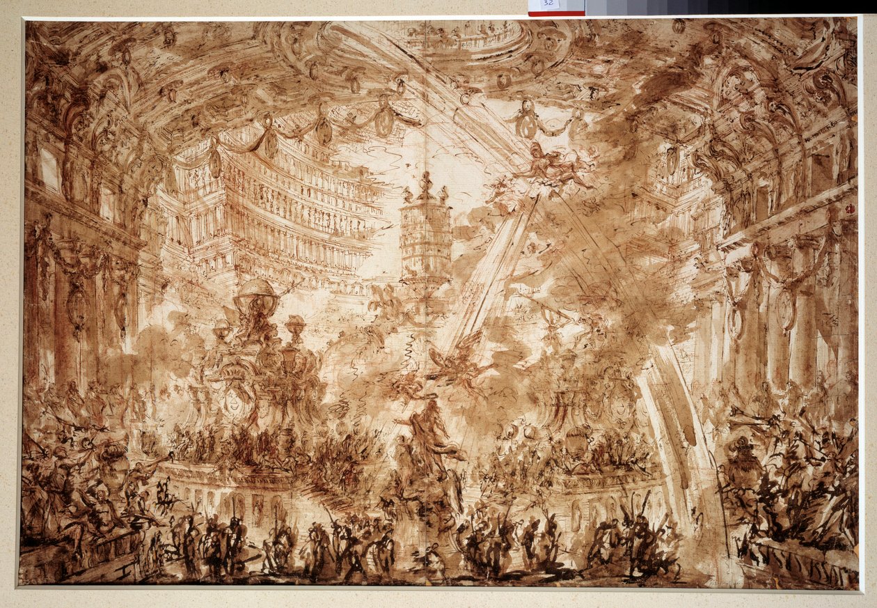 Uvnitř paláce: dva Flying Renames korunují postavu. Kresba Giovanni Piranese (1720-1778) od Giovanni Battista Piranesi