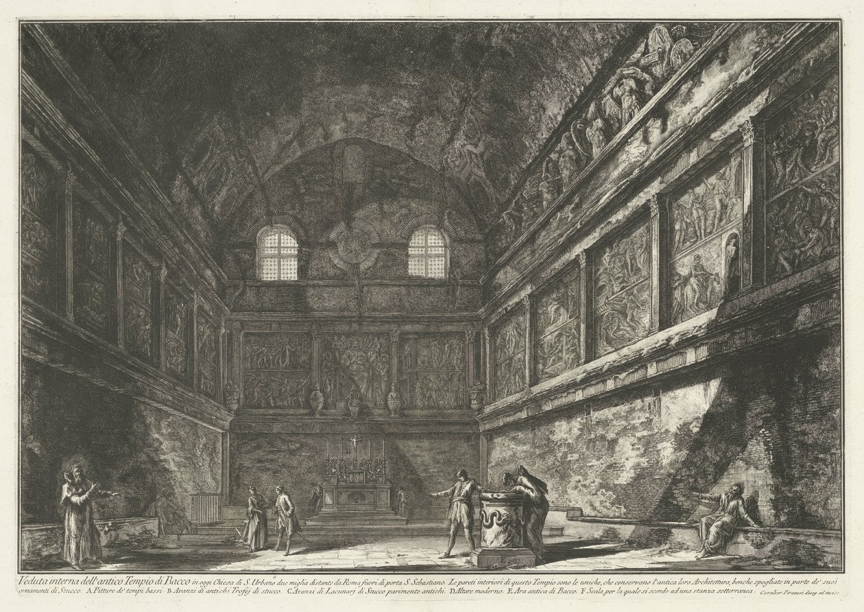 Interieur van Church of Sant’Urbano te Rome Vnitřní pohled na starověký Bakchův chrám, dnes kostel S. Urbano dvě míle od Říma mimo Porta S. Sebastiano (název na objektu) Gezichten op Rome (název série) Pohledy na Řím zakresleny a dovnitř od Giovanni Battista Piranesi