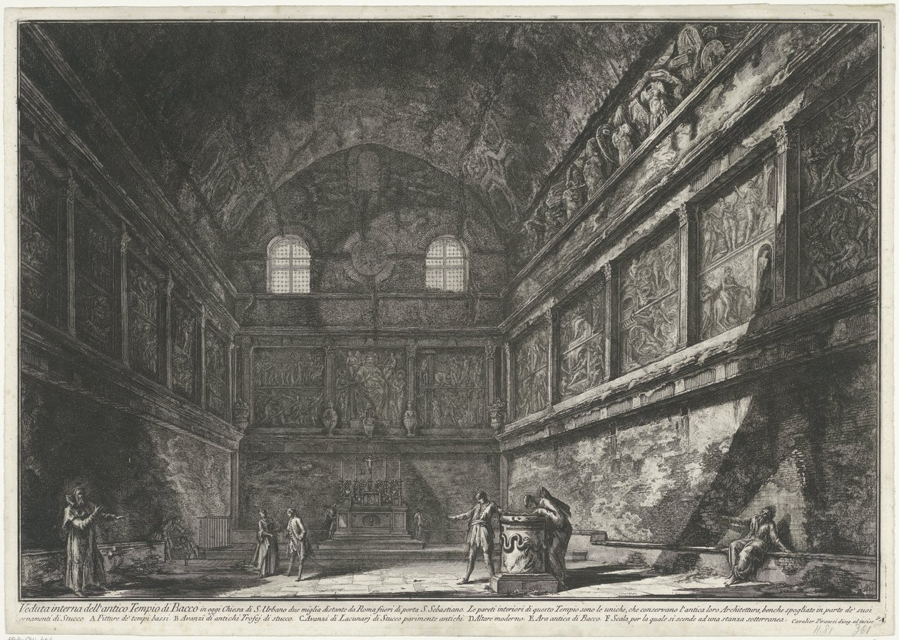 Interieur van Church of Sant’Urbano te Rome Vnitřní pohled na starověký Bakchův chrám v dnešním kostele S. Urbano dvě míle od Říma mimo Porta S. Sebastiano (název na objektu) Gezichten op Rome (název série) Pohledy na Řím zakresleny a dovnitř od Giovanni Battista Piranesi