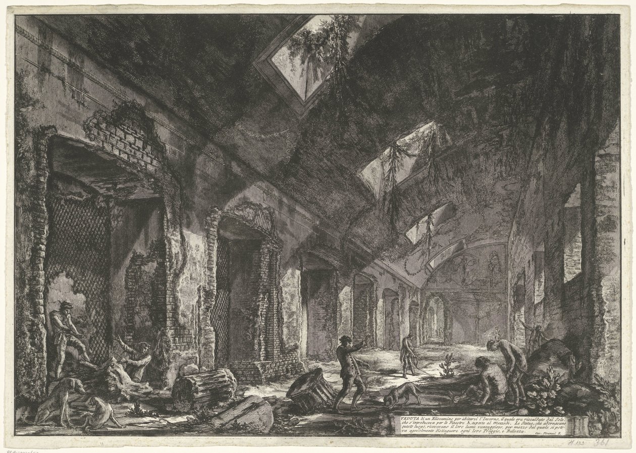 Interieur van de Heliocaminus Baden v de Villa Adriana t a Tivoli Pohledy na Helio-krb pro život v zimě, který byl vyhříván Sluncem, které bylo zavedeno přes okna (nadpis na objektu) Gezichten op Rome (název série) Pohledy na Řím diseg od Giovanni Battista Piranesi
