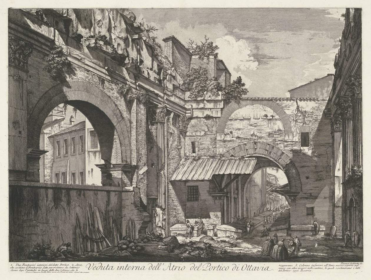 Interieur van de Porticus van Octavia te Rome Vnitřní pohled na Atrium Portika Octavie (nadpis na objektu) Gezichten op Rome (název série) Pohledy na Řím navržený a vyrytý architektem Giambattista Piranesi Ve (nez) iano (název série) od Giovanni Battista Piranesi