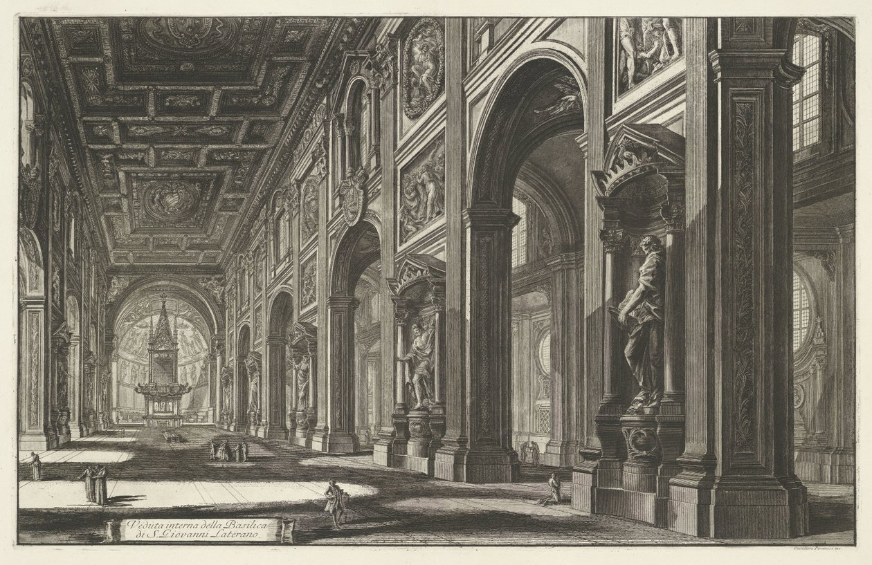 Interieur van de Sint-Jan van Lateranen te Rome Vnitřní pohled na baziliku S. Giovanni Laterano (titul na objektu) Gezichten op Rome (název série) Pohledy na Řím navržený a vyrytý architektem Giambattista Piranesi Ve (nez) iano (název série) od Giovanni Battista Piranesi