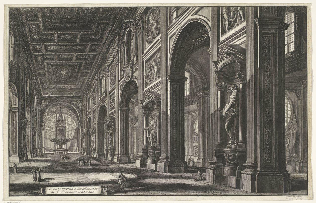 Interieur van de Sint-Jan van Lateranen te Rome Vnitřní pohled na baziliku S. Giovanni Laterano (titul na objektu) Gezichten op Rome (název série) Pohledy na Řím navržený a vyrytý architektem Giambattista Piranesi Ve (nez) iano (název série) od Giovanni Battista Piranesi