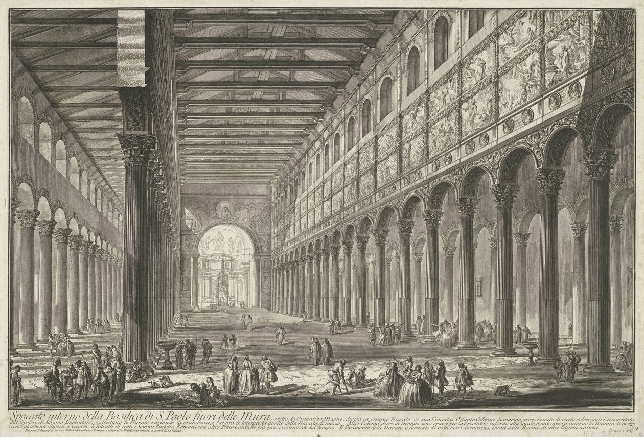 Interieur van de Sint-Paulus buiten de Muren te Rome Vnitřní pohled na baziliku S. Paolo fuori delle Mur (...) (titul na objektu) Gezichten op Rome (název série) Pohledy na Řím navržený a vyrytý architektem Giambattista Piranesi Ve (nez) iano od Giovanni Battista Piranesi