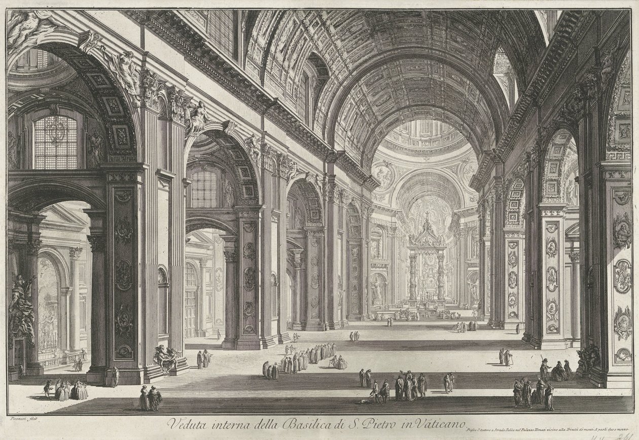 Interieur van de Sint-Pietersbasiliek te Vaticaanstad Vnitřní pohled na baziliku svatého Petra ve Vatikánu (titul na objektu) Gezichten op Rome (název série) Pohledy na Řím navrhl a vyryl architekt Giambattista Piranesi Ve (nez) iano (série ti od Giovanni Battista Piranesi