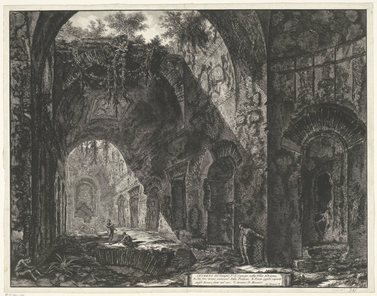 Interieur van de Tempel van de god Canopus v de Villa Adriana ta Tivoli Interiér chrámu Canopus ve vile Adriana (název na objektu) Gezichten op Rome (název série) Pohledy na Řím navrhl a vyryl Giambattista Piranesi architekt Ve (ne od Giovanni Battista Piranesi