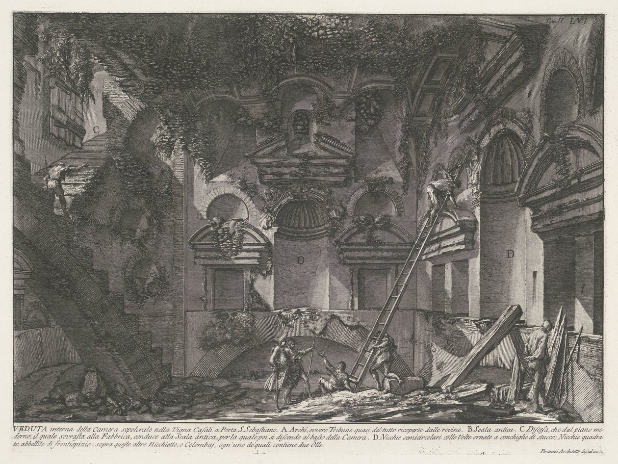 Interieur van graftombe u Vigna Casali Vnitřní pohled na hrobku na vinici Casali v Porta S. Sebastiano (titul na objektu) Archeologische vondsten in en rond Rome (název série) Římské starožitnosti (název série) od Giovanni Battista Piranesi
