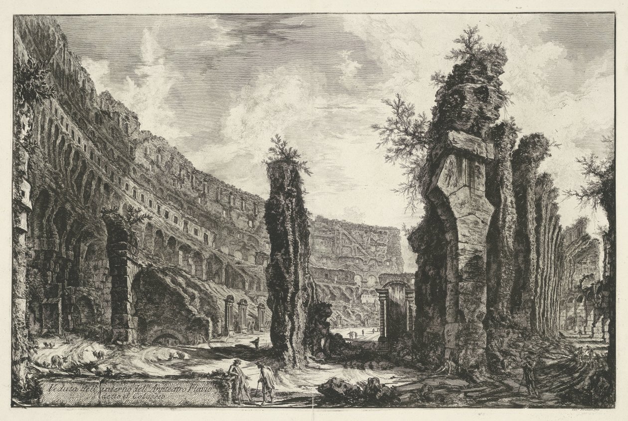 Interieur van het Colosseum te Rome Pohled do interiéru Flaviova amfiteátru známého jako Koloseum (název na objektu) Gezichten op Rome (název série) Pohledy na Řím navržený a vyrytý architektem Giambattista Piranesi Ve (nez) iano (název série) od Giovanni Battista Piranesi