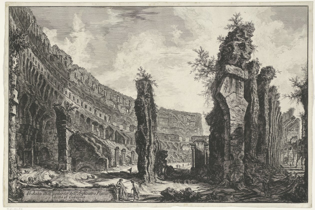 Interieur van het Colosseum te Rome Pohled do interiéru Flaviova amfiteátru známého jako Koloseum (název na objektu) Gezichten op Rome (název série) Pohledy na Řím navržený a vyrytý architektem Giambattista Piranesi Ve (nez) iano (název série) od Giovanni Battista Piranesi
