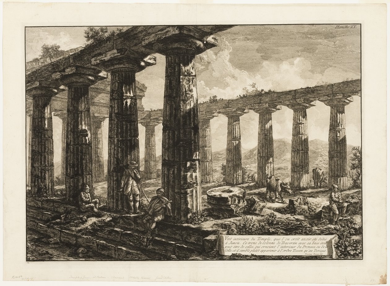 Vnitřní pohled na chrám, o kterém se věří, že byl zasvěcen Juno, z různých pohledů na Paestum od Giovanni Battista Piranesi