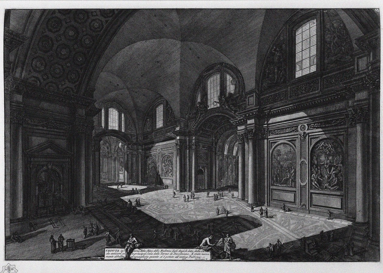 Interiér baziliky Santa Maria degli Angeli bývalé Diokleciánovy lázně, mezi 1765 a 1775 od Giovanni Battista Piranesi