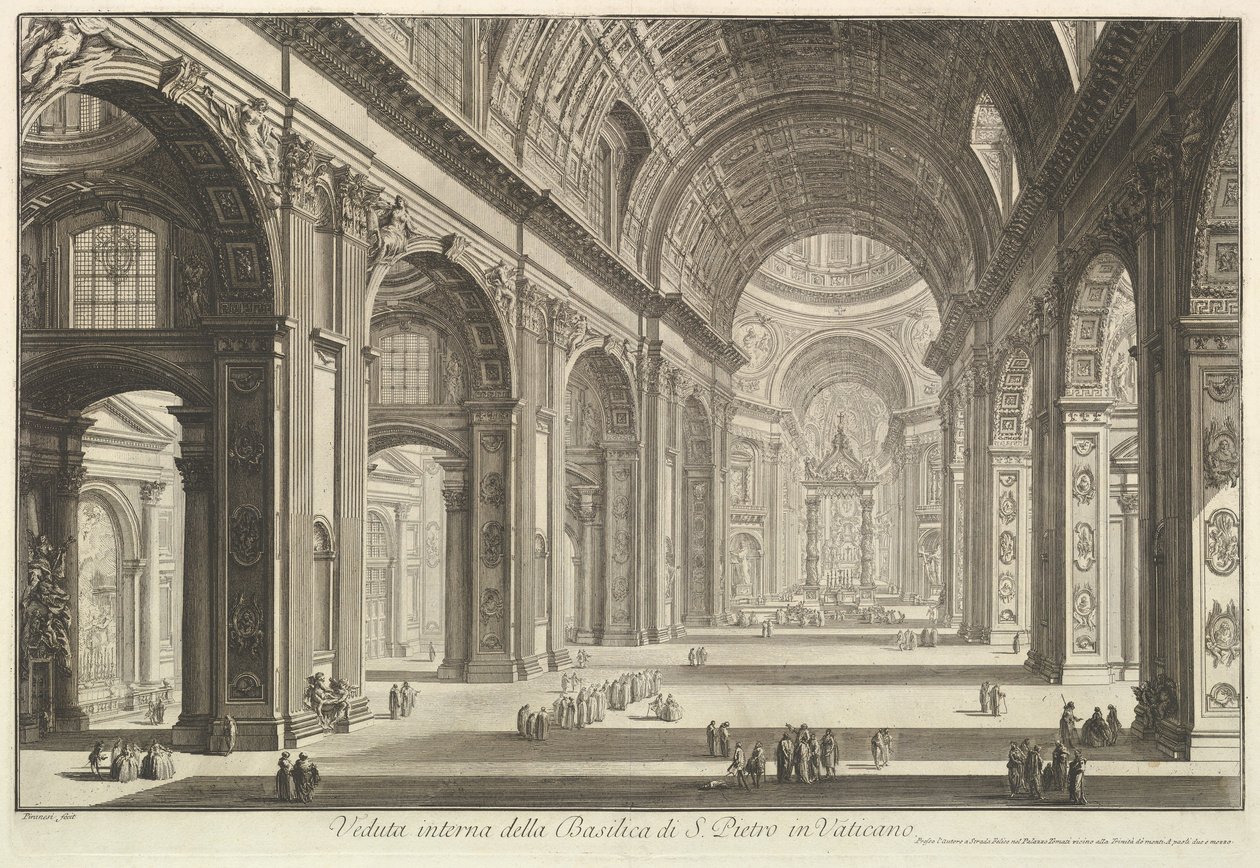 Pohled do interiéru baziliky svatého Petra ve Vatikánu, z „Vedute di Roma“ (Římské pohledy) od Giovanni Battista Piranesi