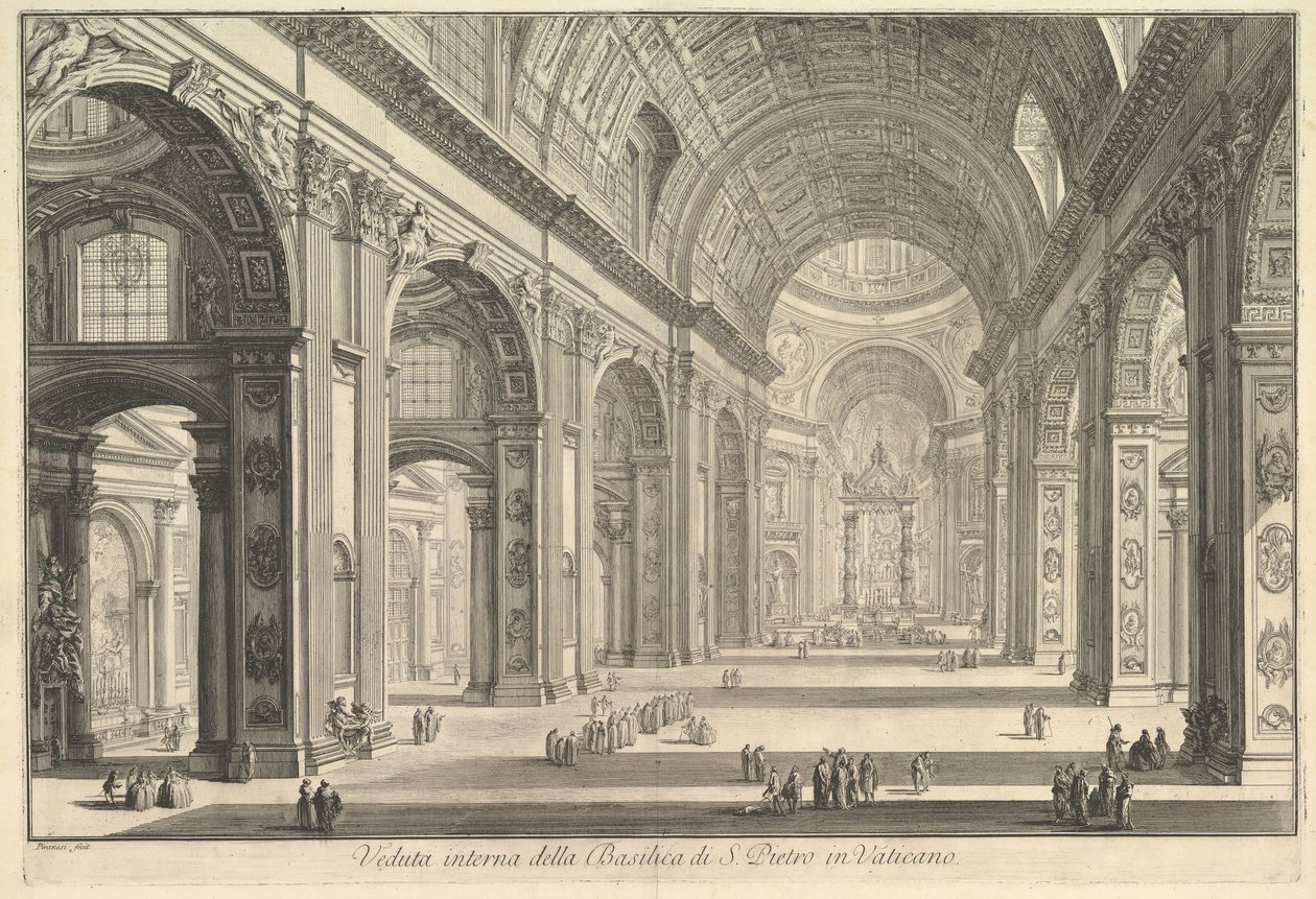 Vnitřní pohled na baziliku St. Peters ve Vatikánu, z Vedute di Roma Roman Views, ca. 1748. od Giovanni Battista Piranesi