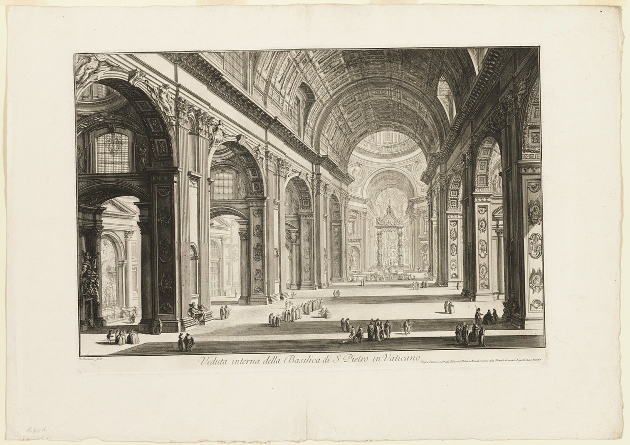 Pohled na interiér baziliky svatého Petra ve Vatikánu z knihy Pohledy na Řím od Giovanni Battista Piranesi