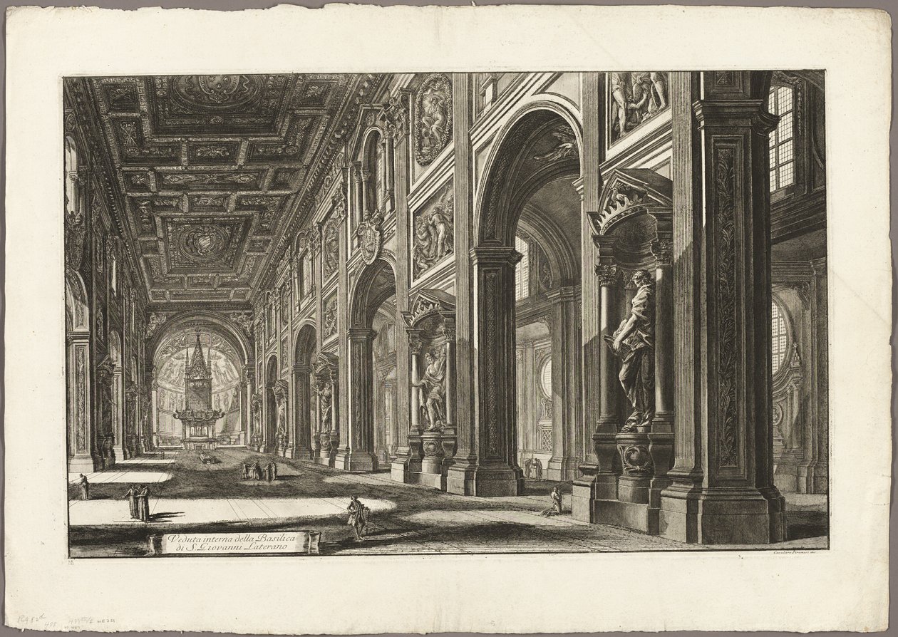 Vnitřní pohled na baziliku svatého Jana v Lateránu, z pohledů na Řím od Giovanni Battista Piranesi
