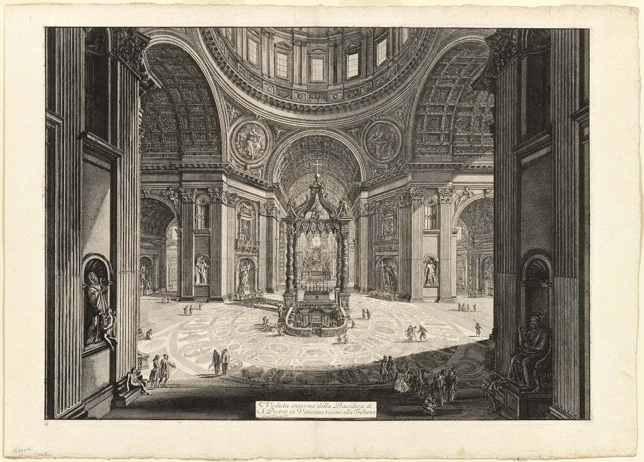 Pohled do interiéru baziliky svatého Petra ve Vatikánu, poblíž tribuny, z Pohledů na Řím od Giovanni Battista Piranesi
