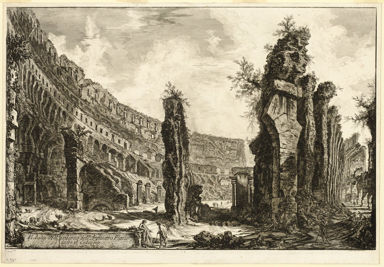 Vnitřní pohled na Flaviův amfiteátr, nazývaný Koloseum, z Views of Rome od Giovanni Battista Piranesi