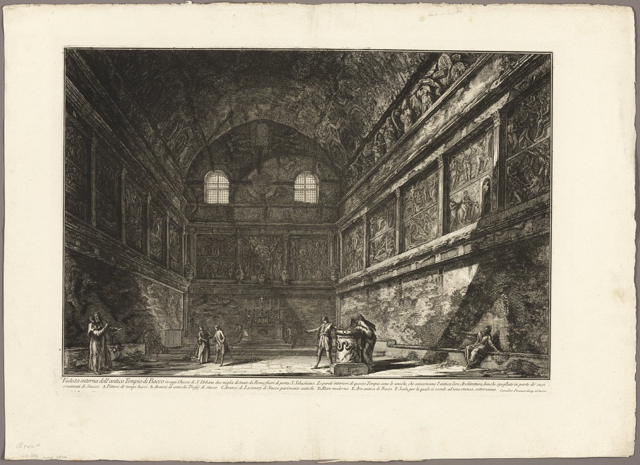 Vnitřní pohled na starověký Bakchův chrám, nyní kostel S. Urbano, dvě míle od Říma, z Views of Rome od Giovanni Battista Piranesi