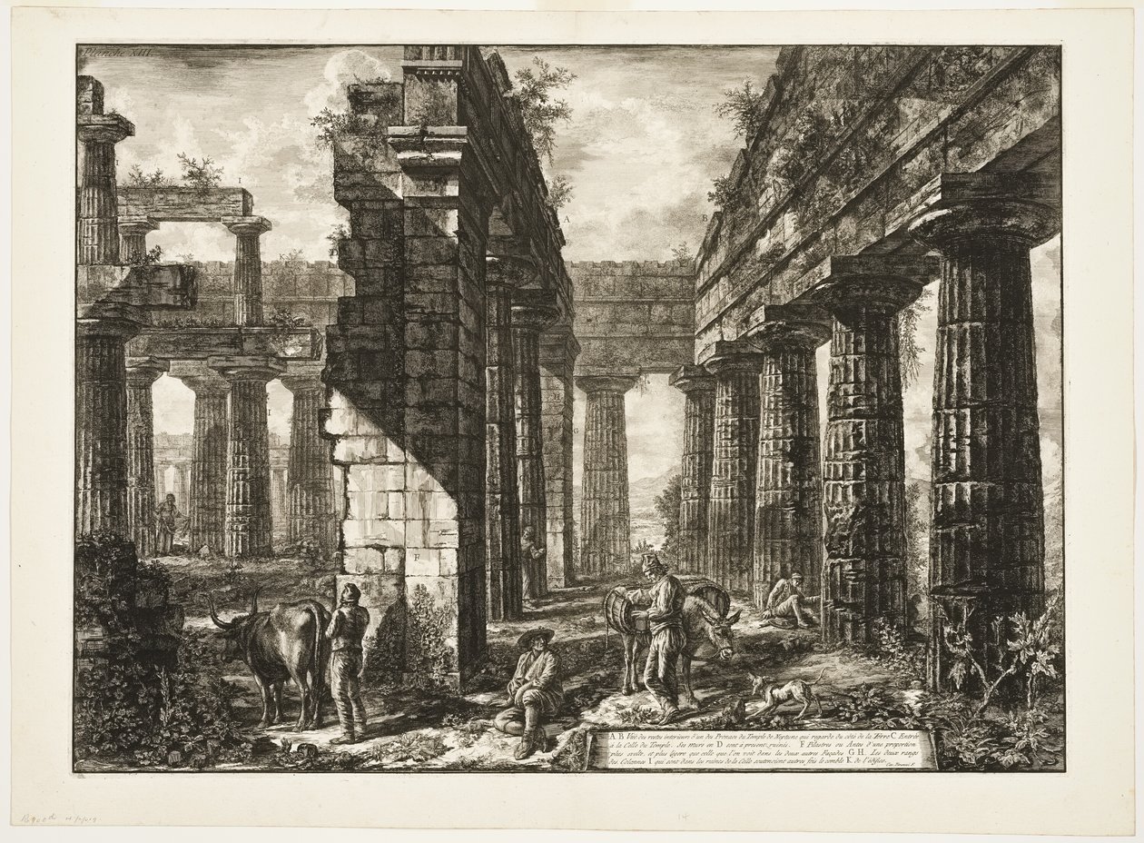 Vnitřní pohled na pozůstatky jednoho z pronaoi Neptunova chrámu, který směřuje do vnitrozemí, z různých pohledů na Paestum od Giovanni Battista Piranesi