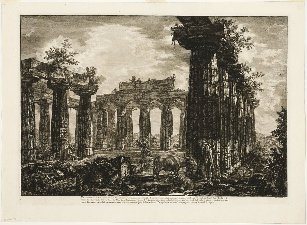 Vnitřní pohled na tzv. College des Anfictions, z různých pohledů na Paestum od Giovanni Battista Piranesi
