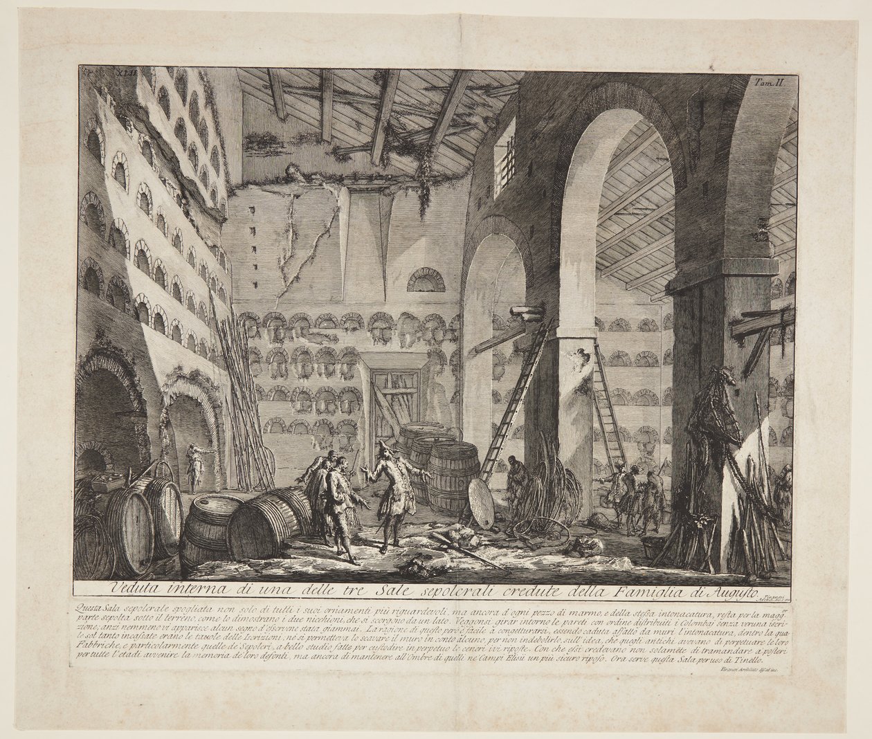 Vnitřní pohled na tři velké hrobové komory, o kterých se předpokládá, že patří Augustově rodině od Giovanni Battista Piranesi